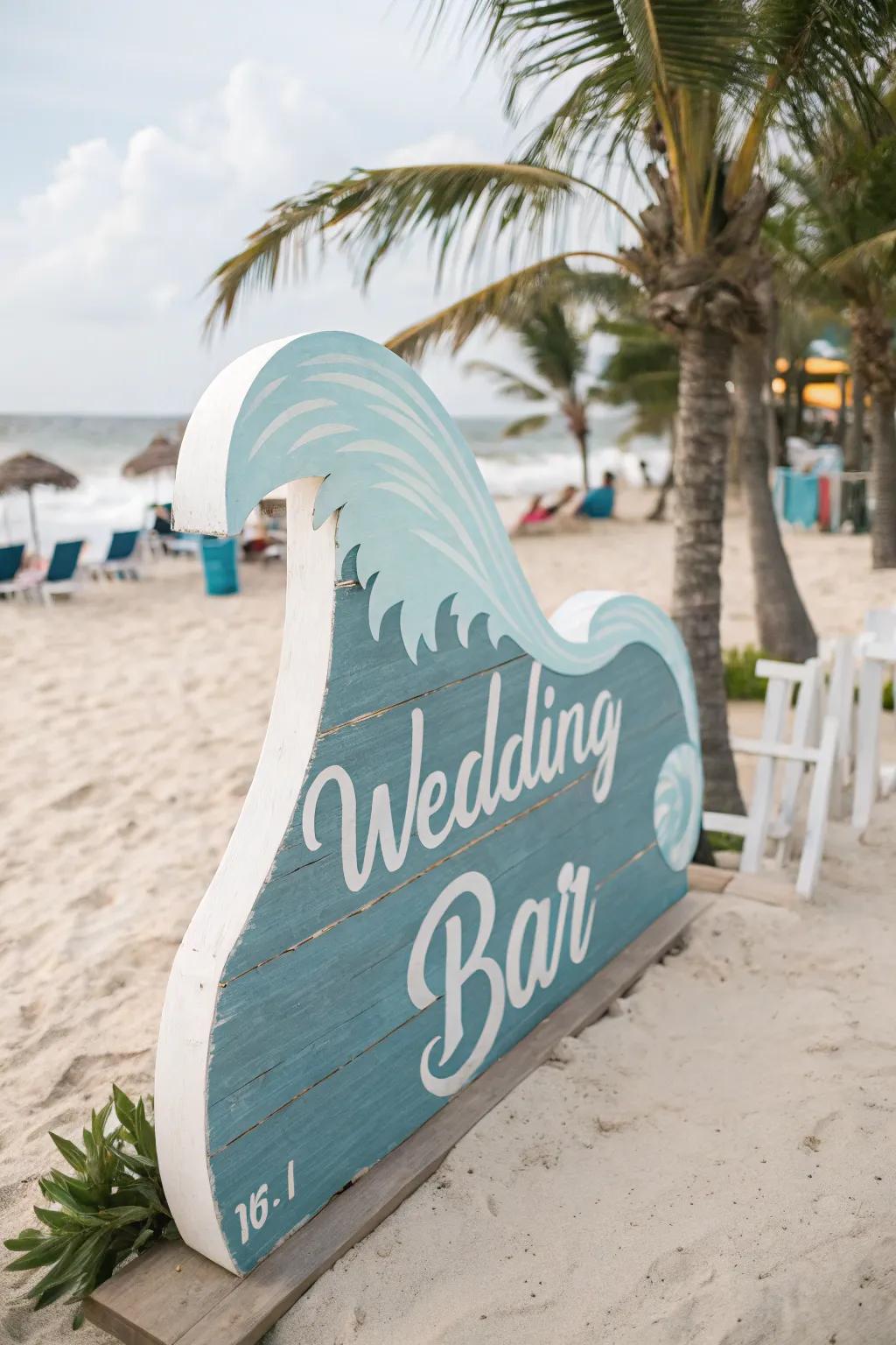 A wave-shaped bar sign for a beach-themed wedding.