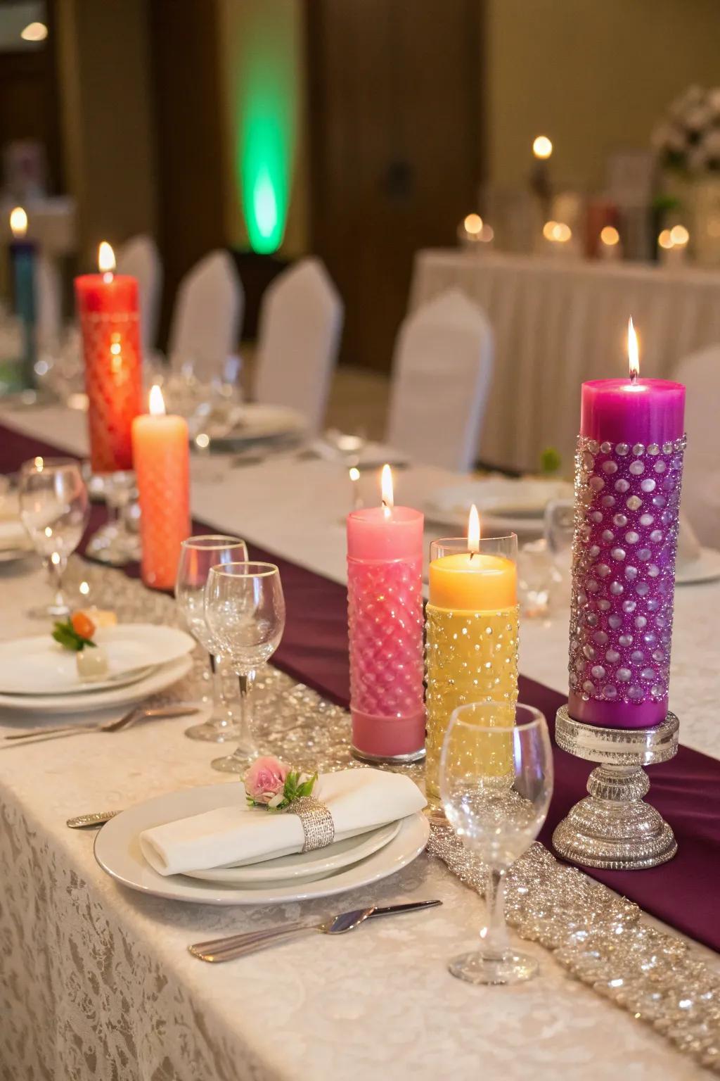 Colored candles creating a cohesive and vibrant look.