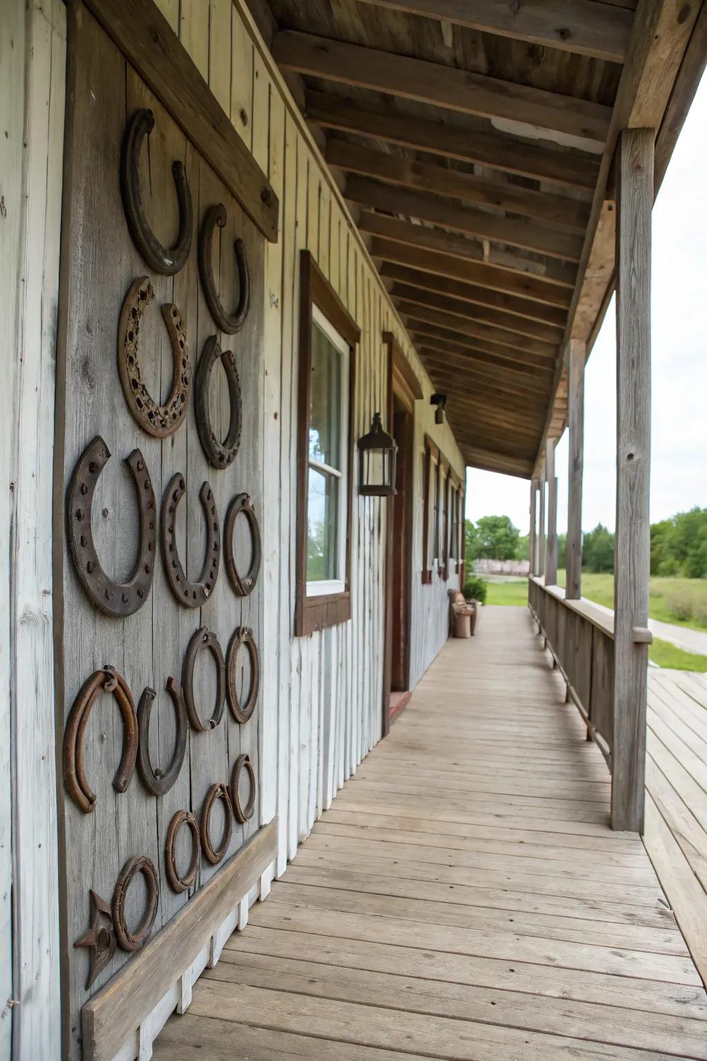 Horseshoe wall art adds a touch of luck.