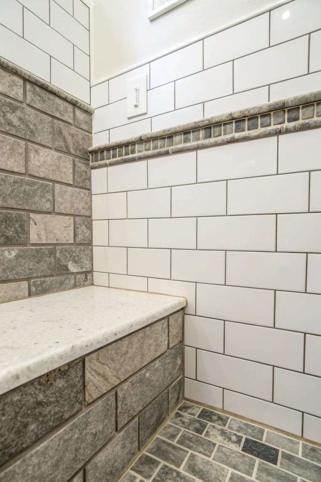 Stone gray grout enhances the natural elegance of white tiles.