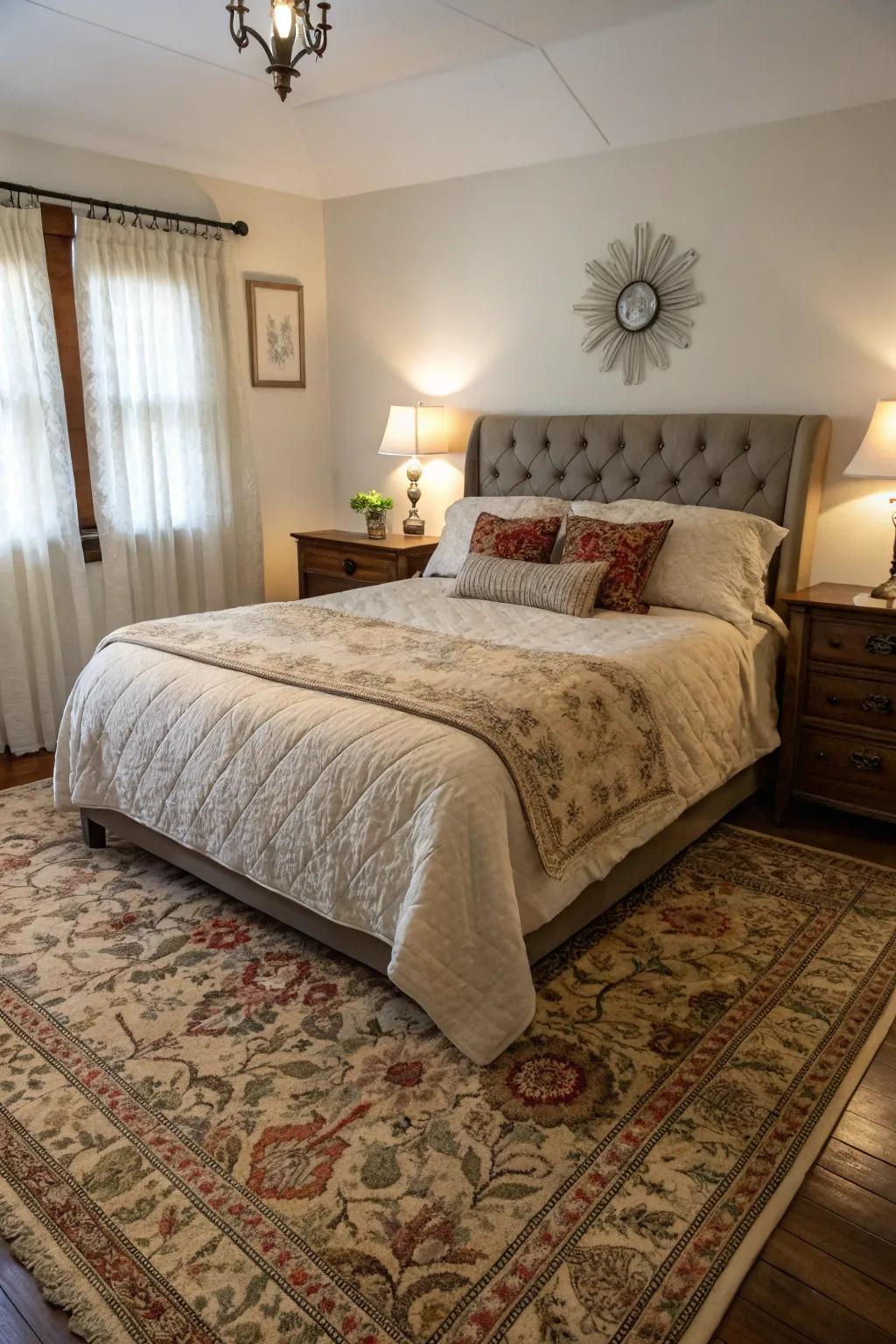 A vintage rug introduces character and a storytelling element to the bedroom.