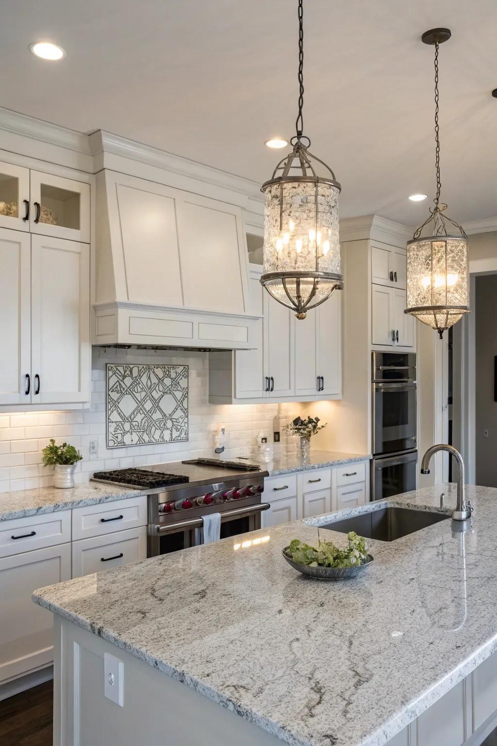 Pendant lighting enhances the elegance of a kitchen with white ice granite.