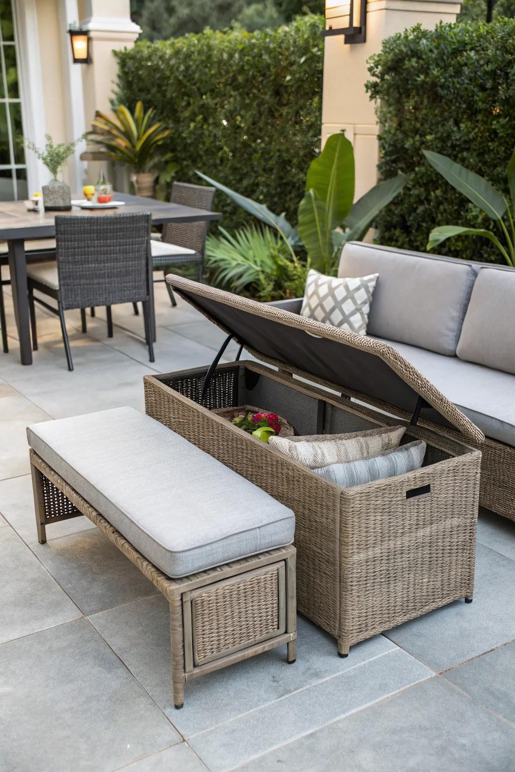 Maximizing space with multi-functional wicker furniture.