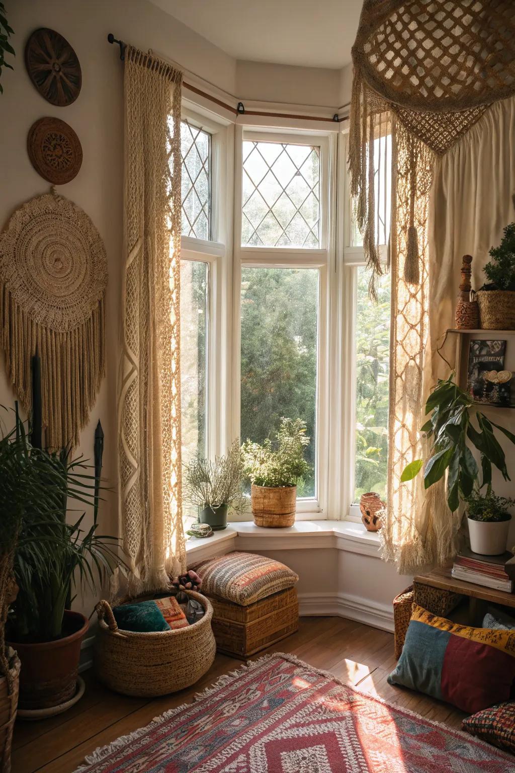 Macramé curtains provide a bohemian and artistic touch.