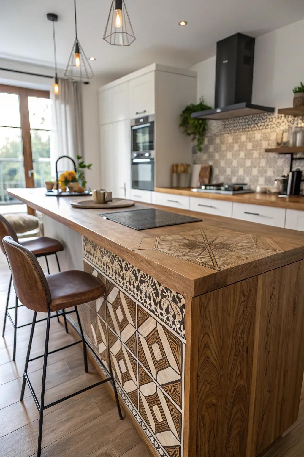 Geometric inlays adding an artistic touch to wood countertops.