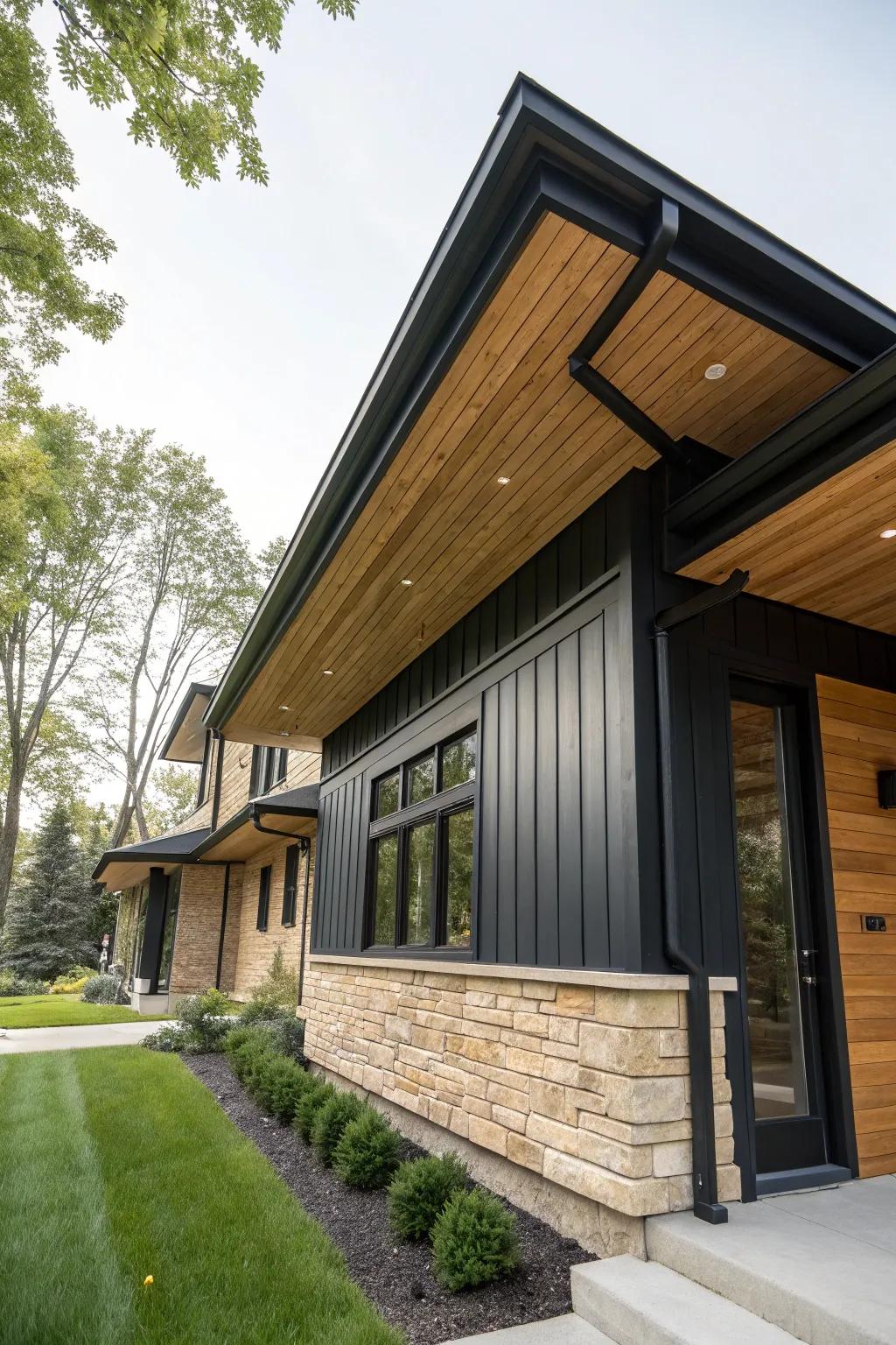 Contrasting woods add depth and interest to soffits.