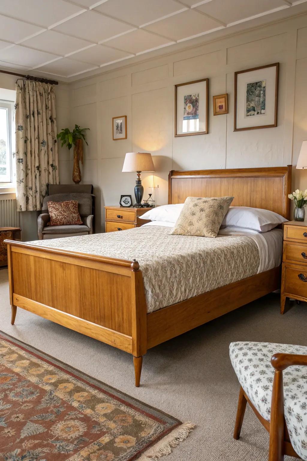 Mid-century modern style adds timeless charm to this wooden bed.