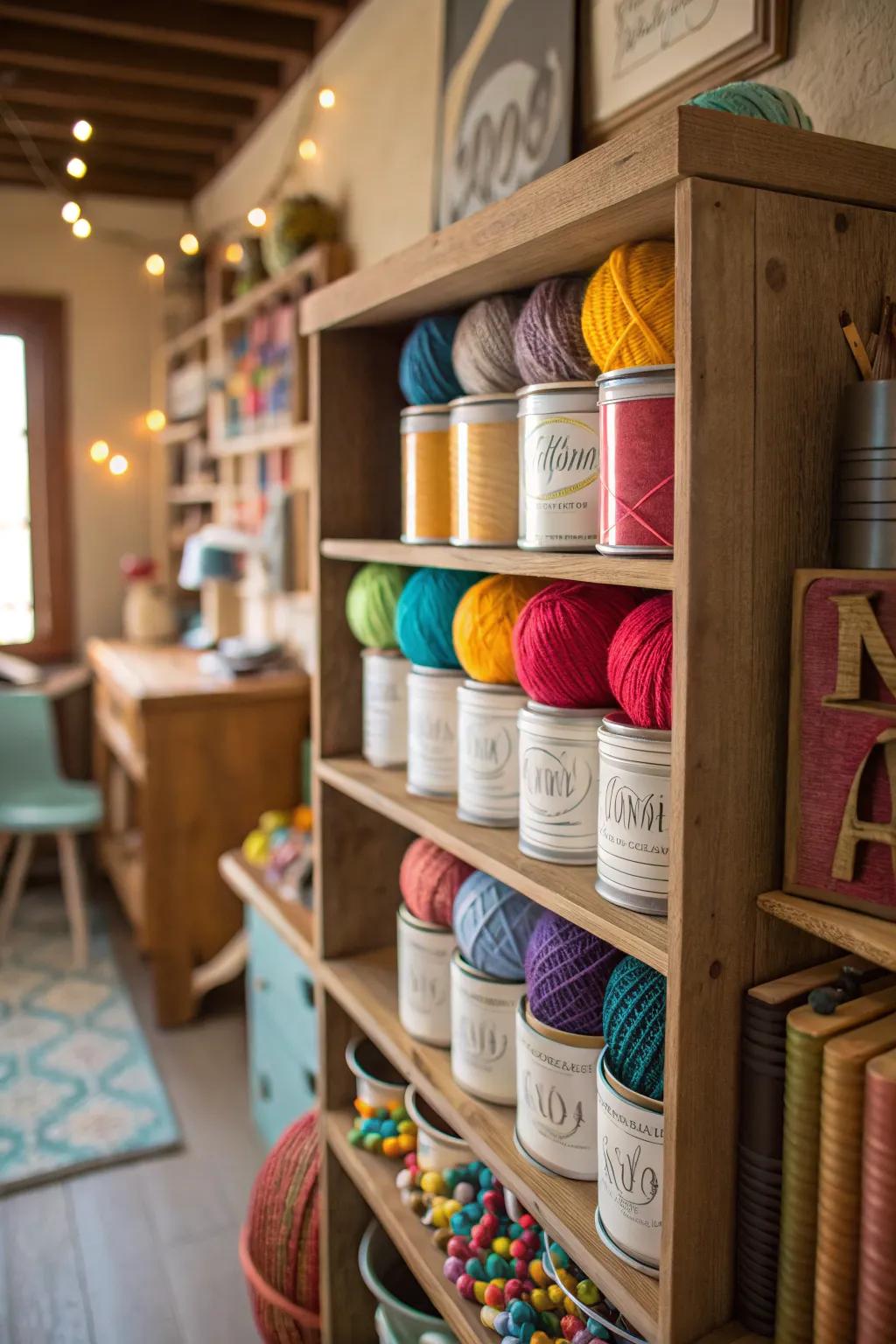 Repurposed coffee cans offer quirky and sustainable yarn storage.