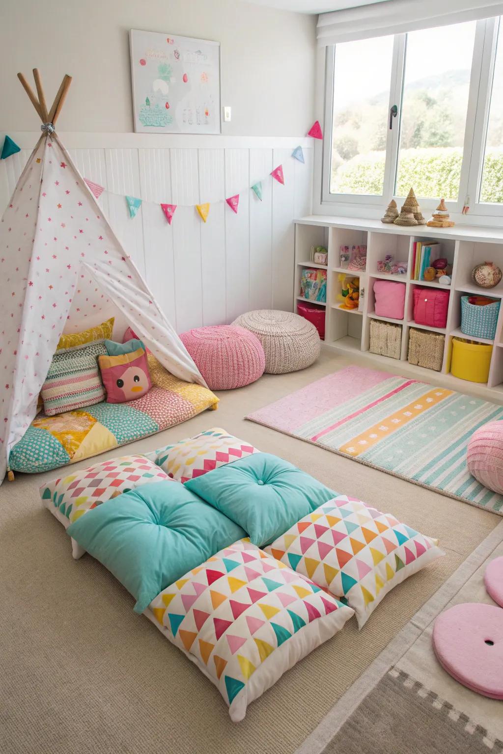 A floor cushion area offers a cozy spot for play and relaxation.