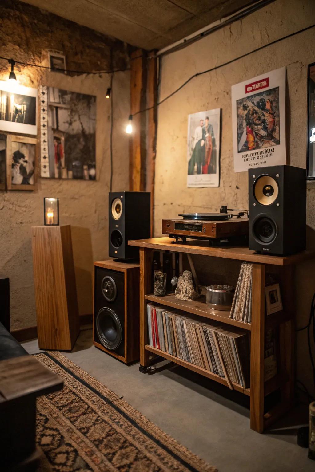 A retro sound system completes the 70s vibe.