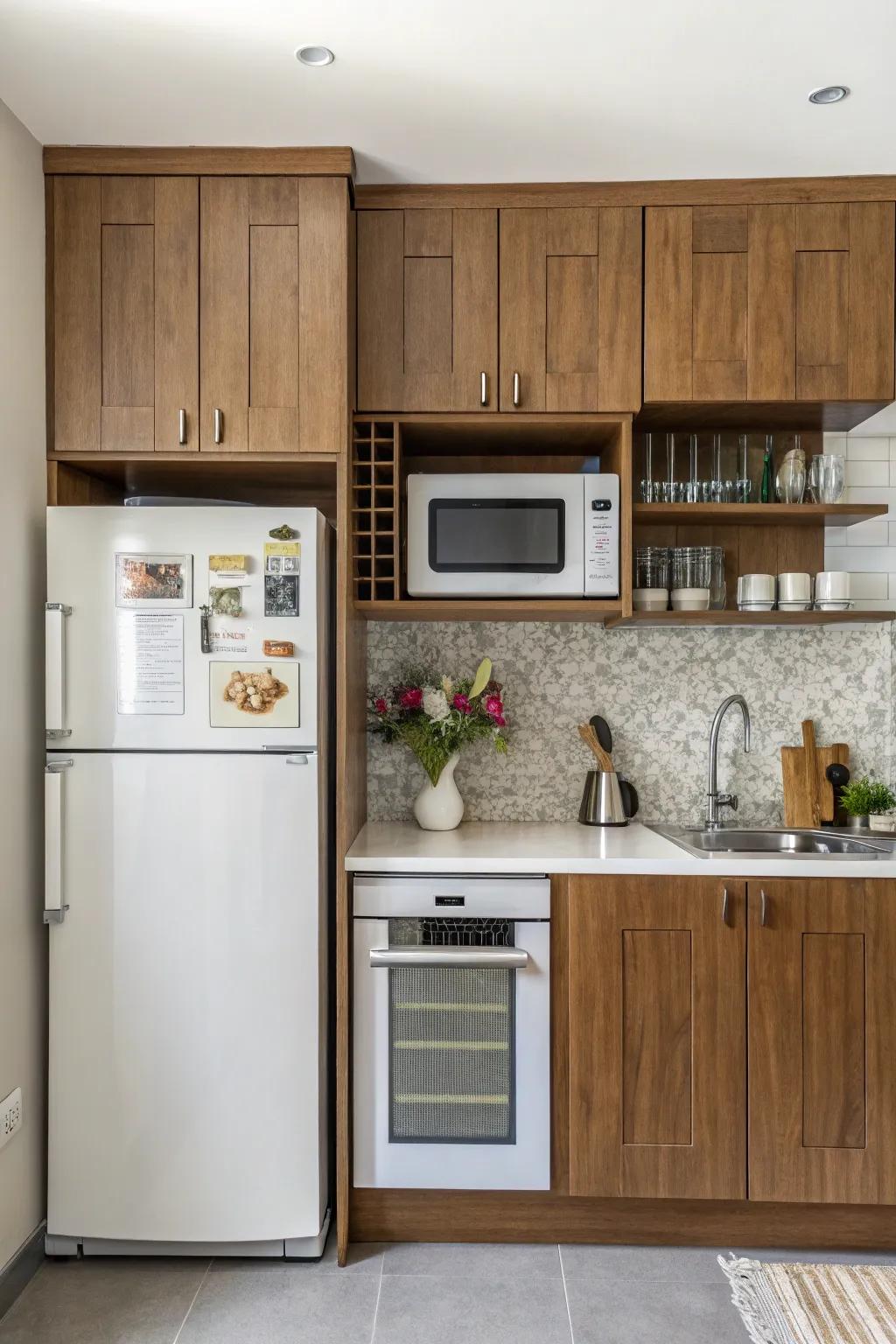 An integrated microwave shelf maximizes space efficiency in the kitchen.