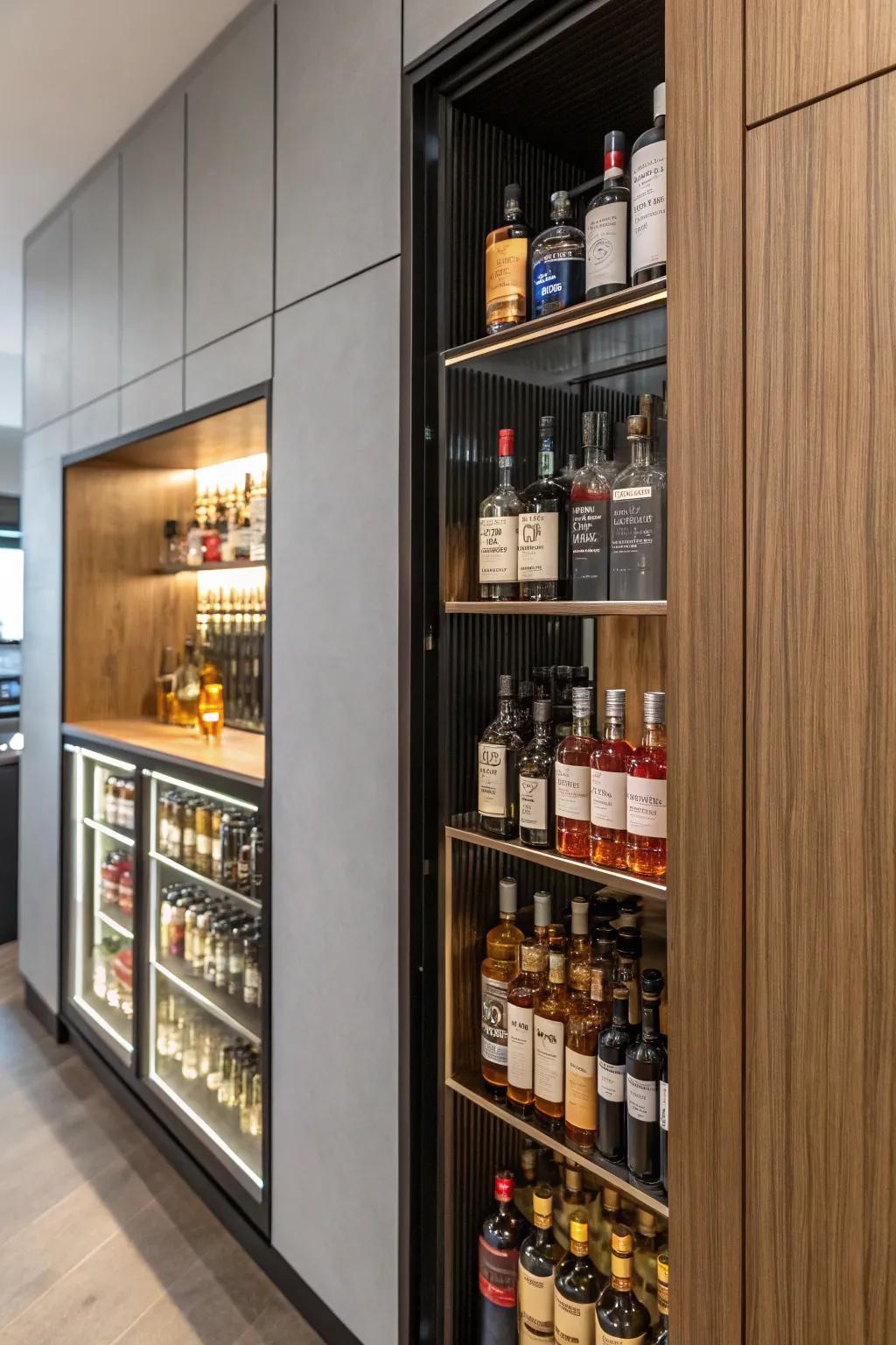 A hidden wall panel cleverly opening to reveal an organized liquor collection.