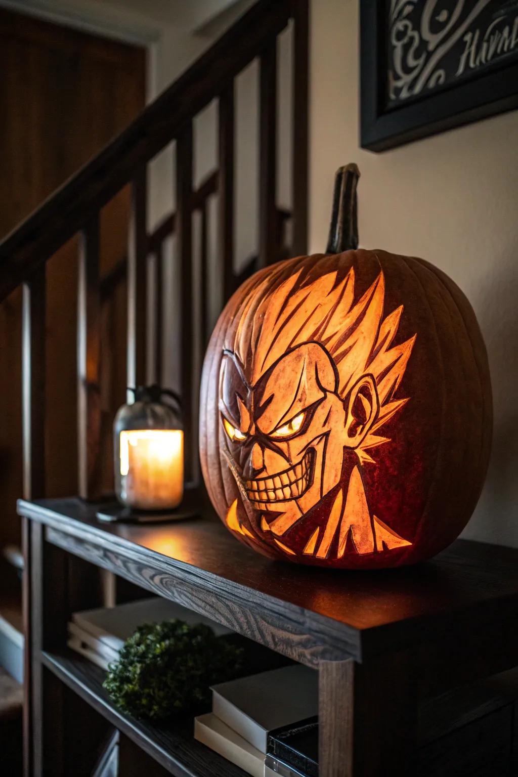 Add a hint of mischief with a carved pumpkin tribute to anime villains.