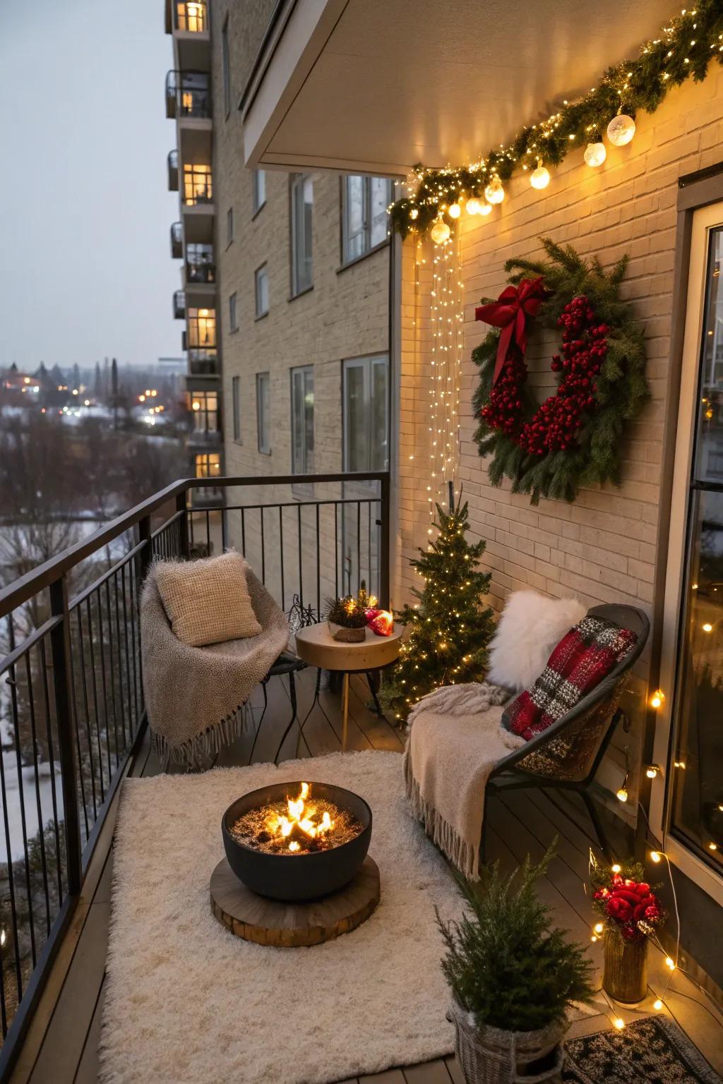 A fire pit adds warmth and coziness to this festive balcony.