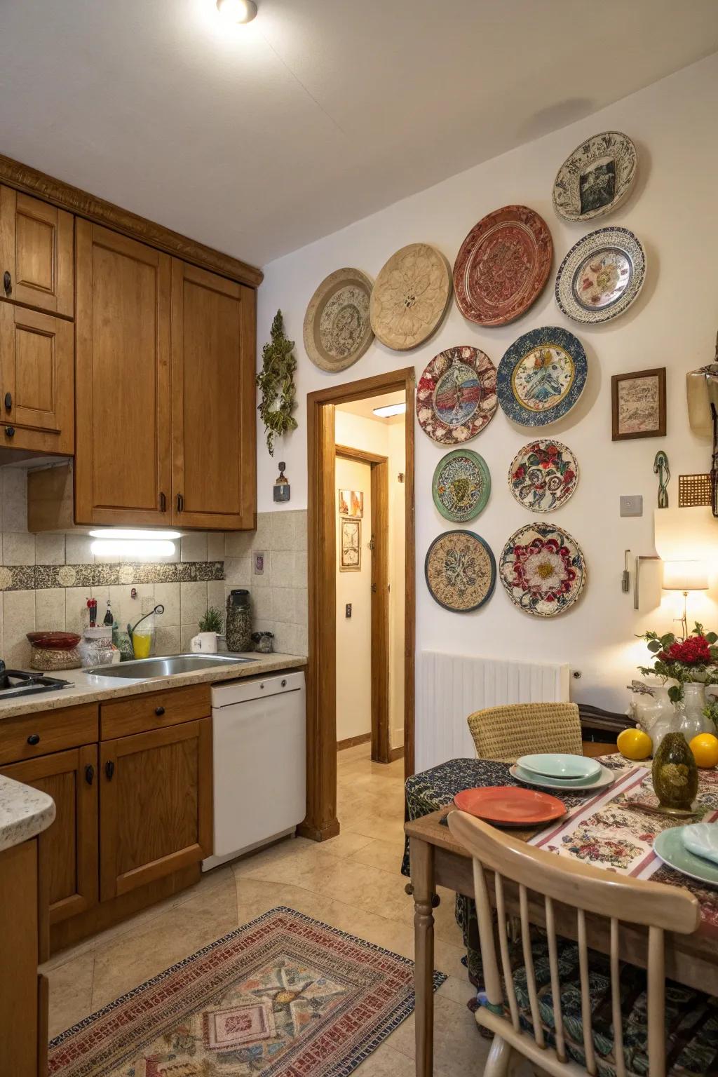 Decorative plates bring charm and color to kitchen walls.