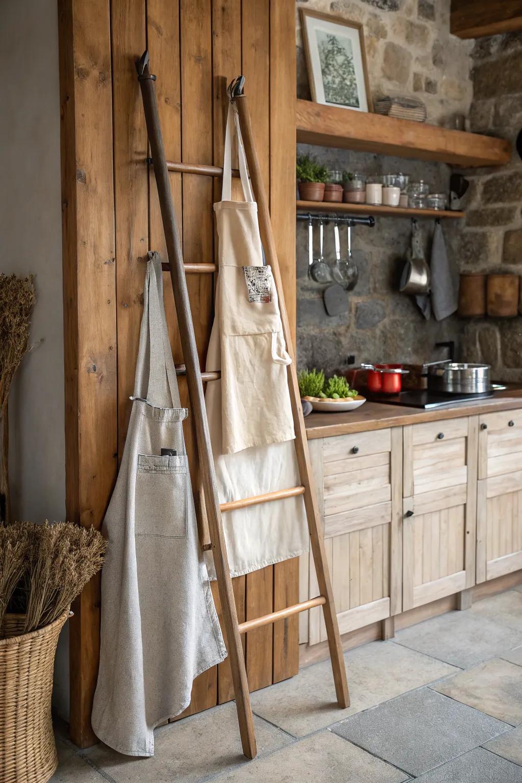 A decorative ladder offers a practical and appealing apron display.