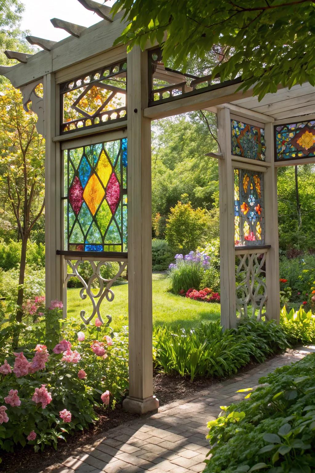 A vibrant arbor with beautiful stained glass accents.