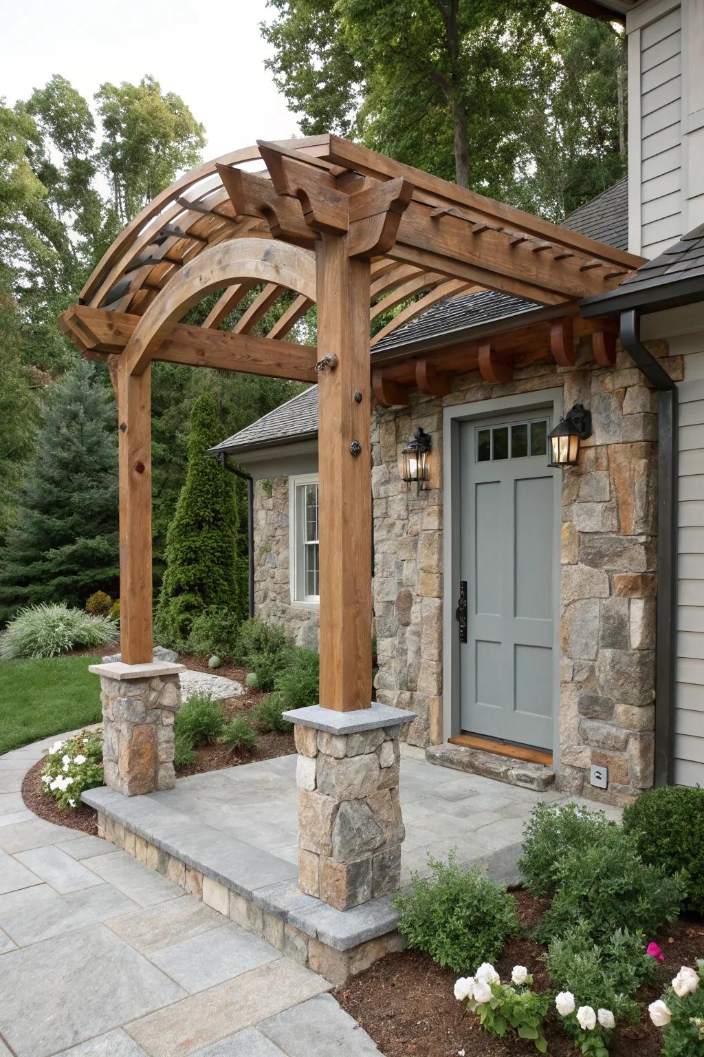 A stone and wood fusion arbor for a unique and durable entrance.