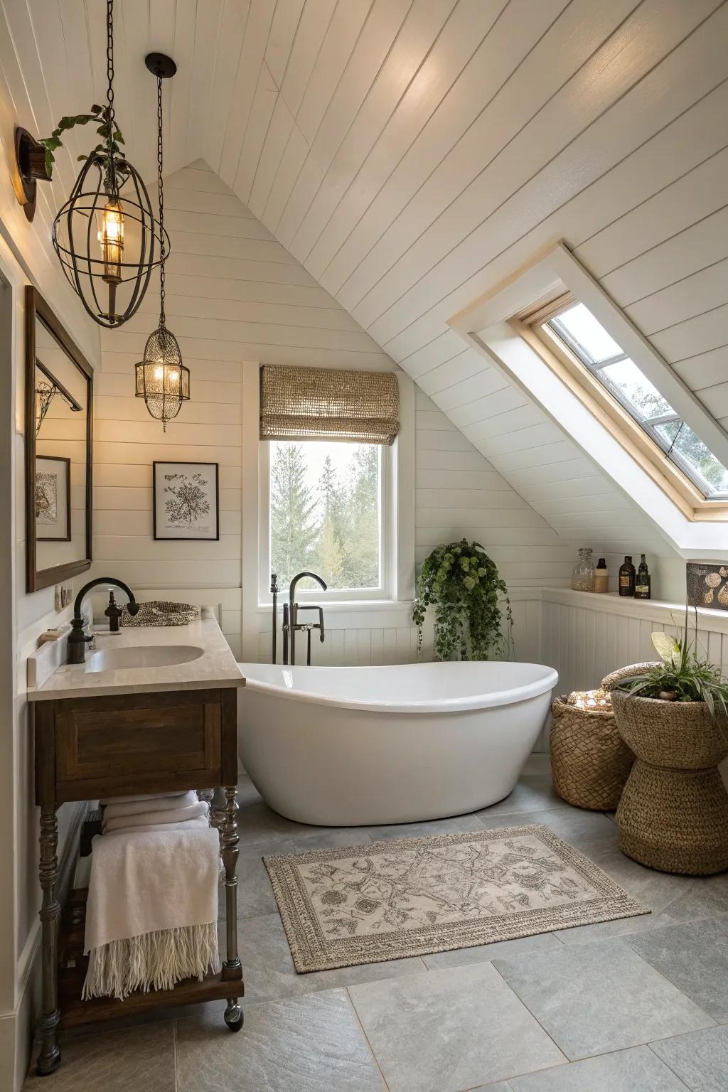 A luxurious bathroom retreat tucked away in the attic.