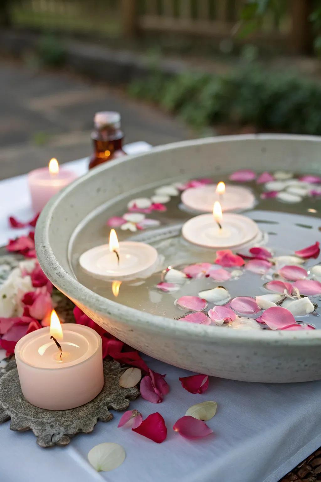 Inviting centerpiece with floating candles and petals.