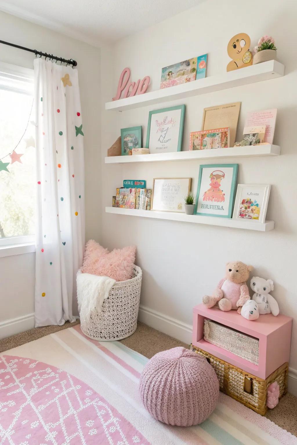 Floating shelves provide stylish and practical storage.