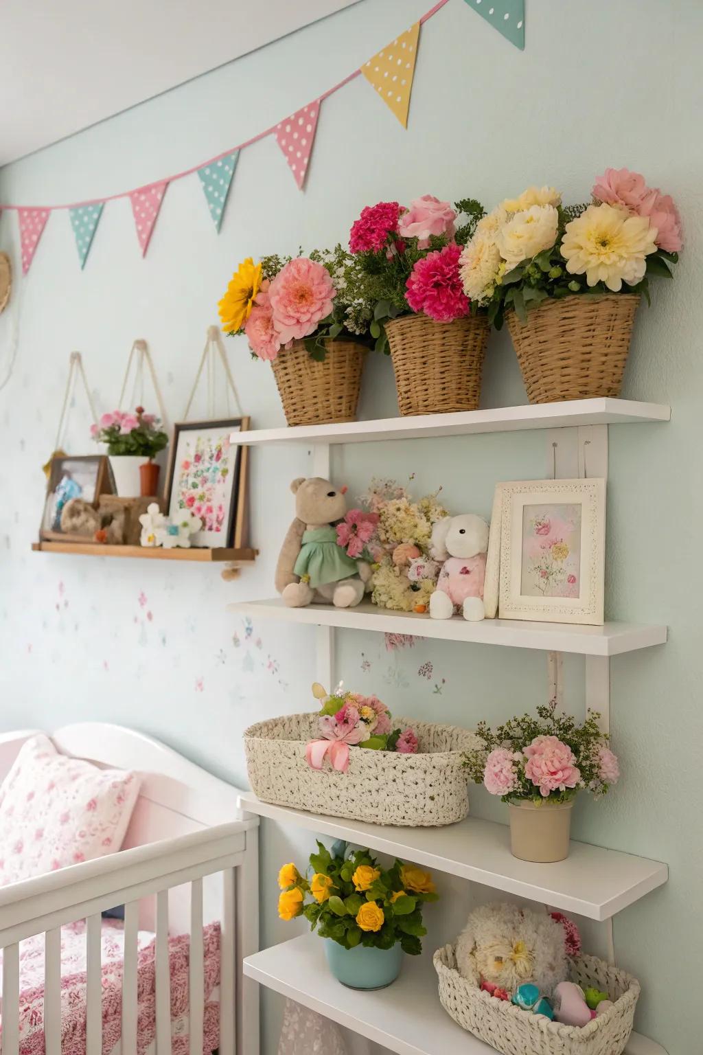 Wall shelves display floral-themed decor stylishly.