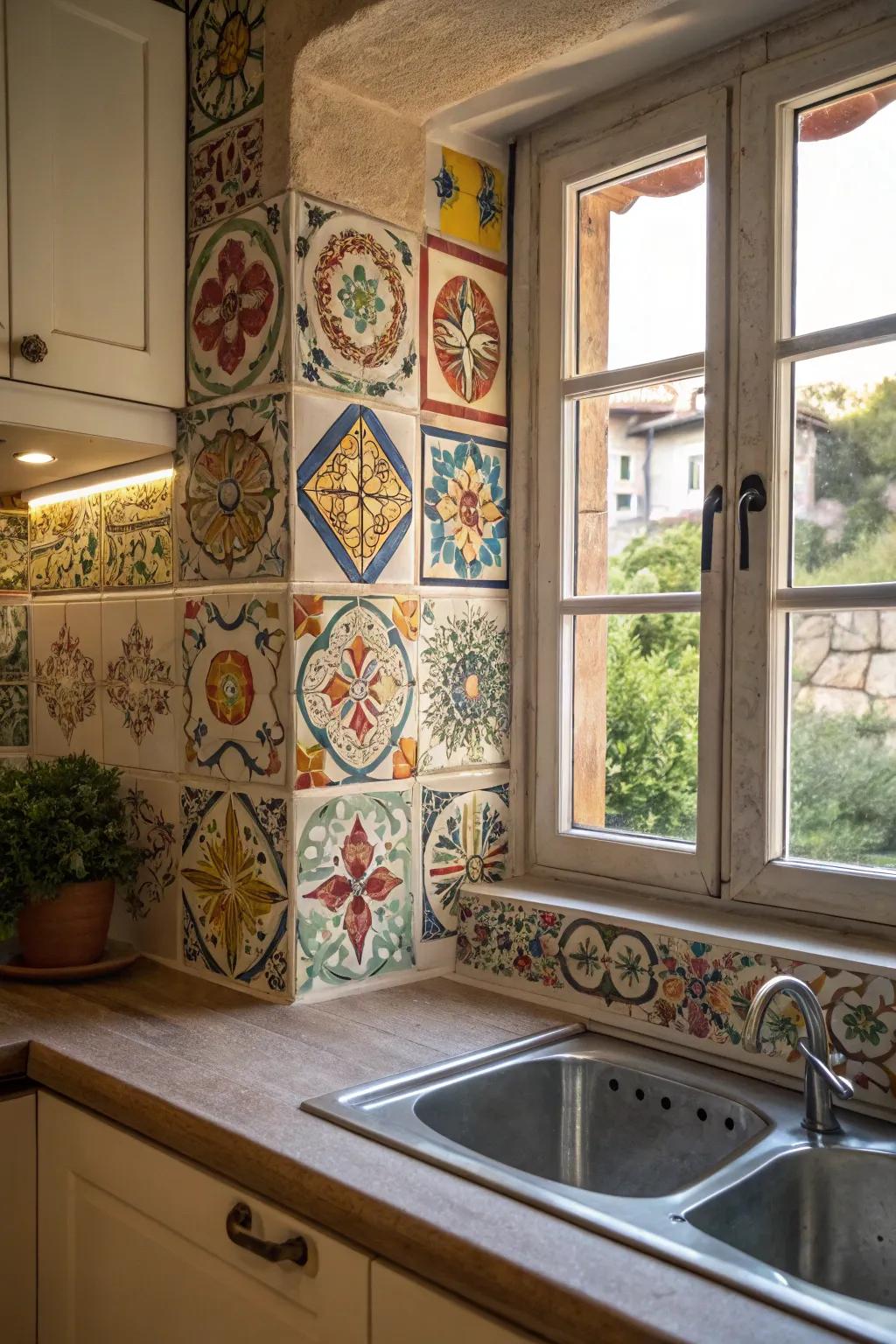 Hand-painted ceramic tiles turning a kitchen window into art.
