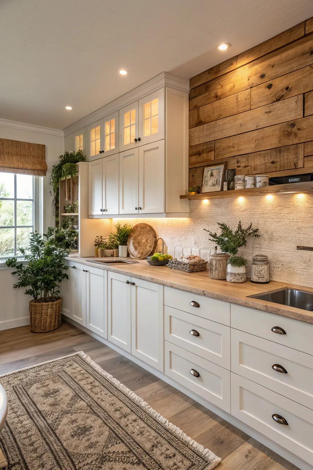 Wooden backsplash adds warmth and texture