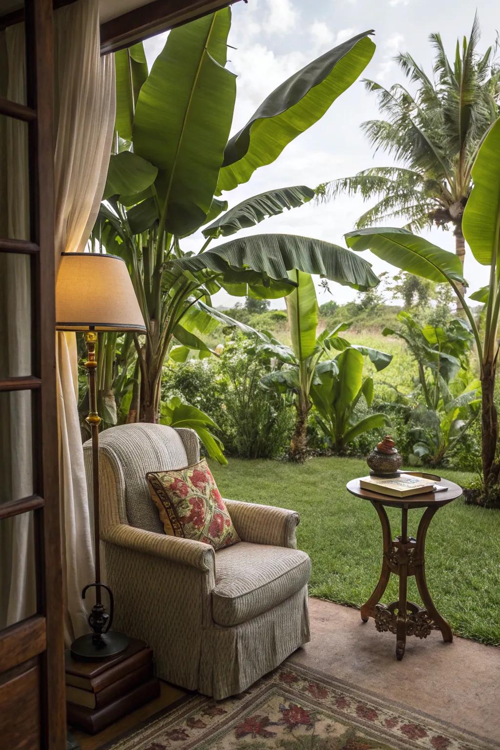 Escape into a good book in a lush reading nook surrounded by banana trees.