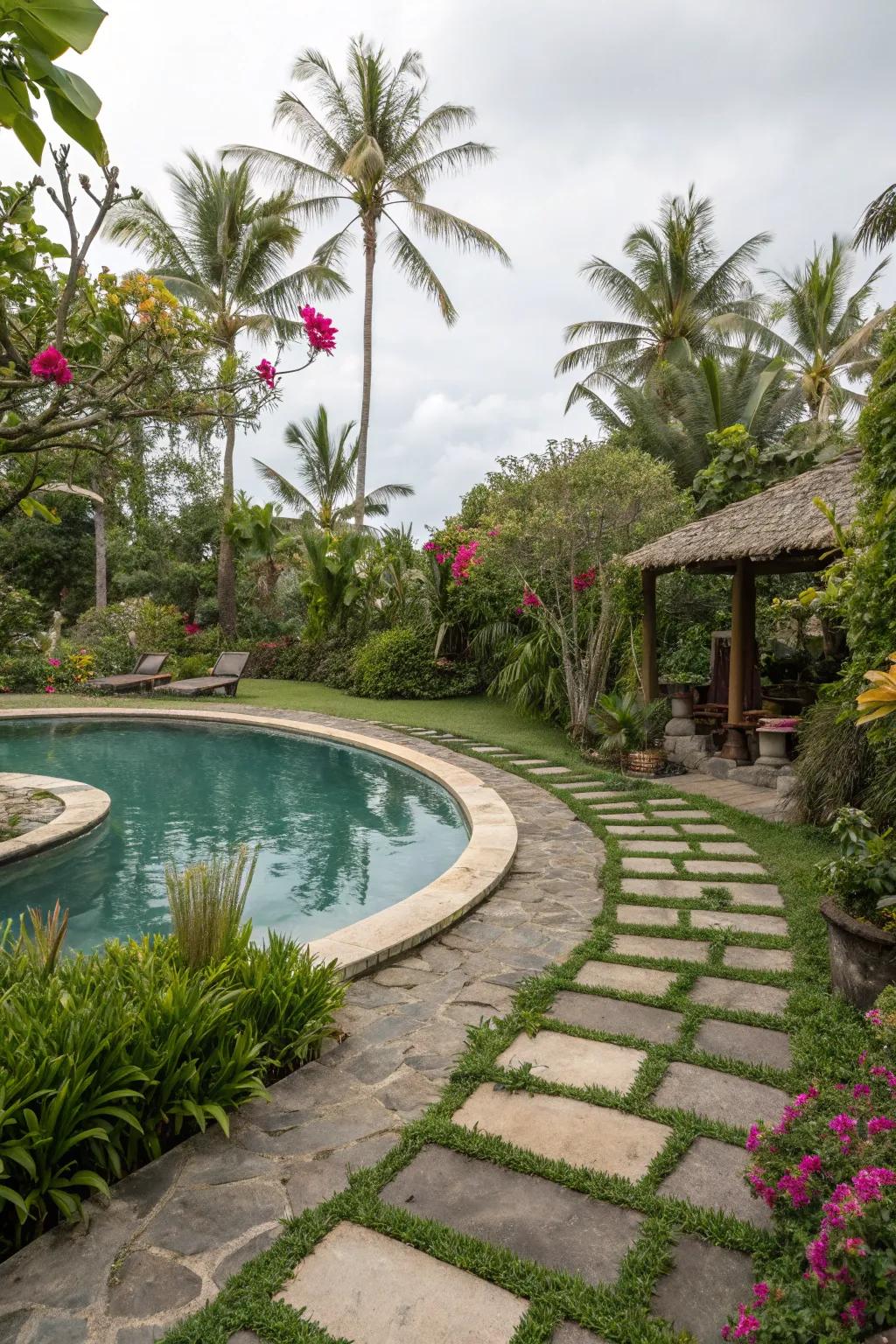 Themed decor transforms the pool area into a personalized retreat.