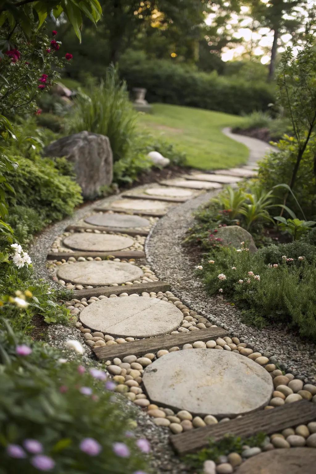 Pebble borders add texture and definition to stepping stone paths.