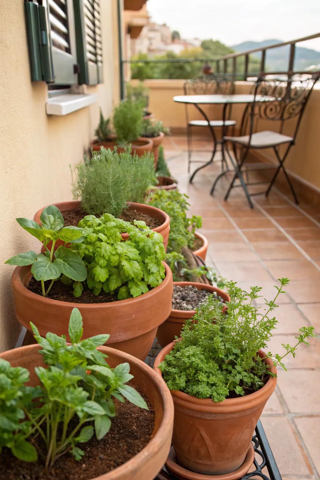 Terracotta pots add timeless elegance to any herb garden.