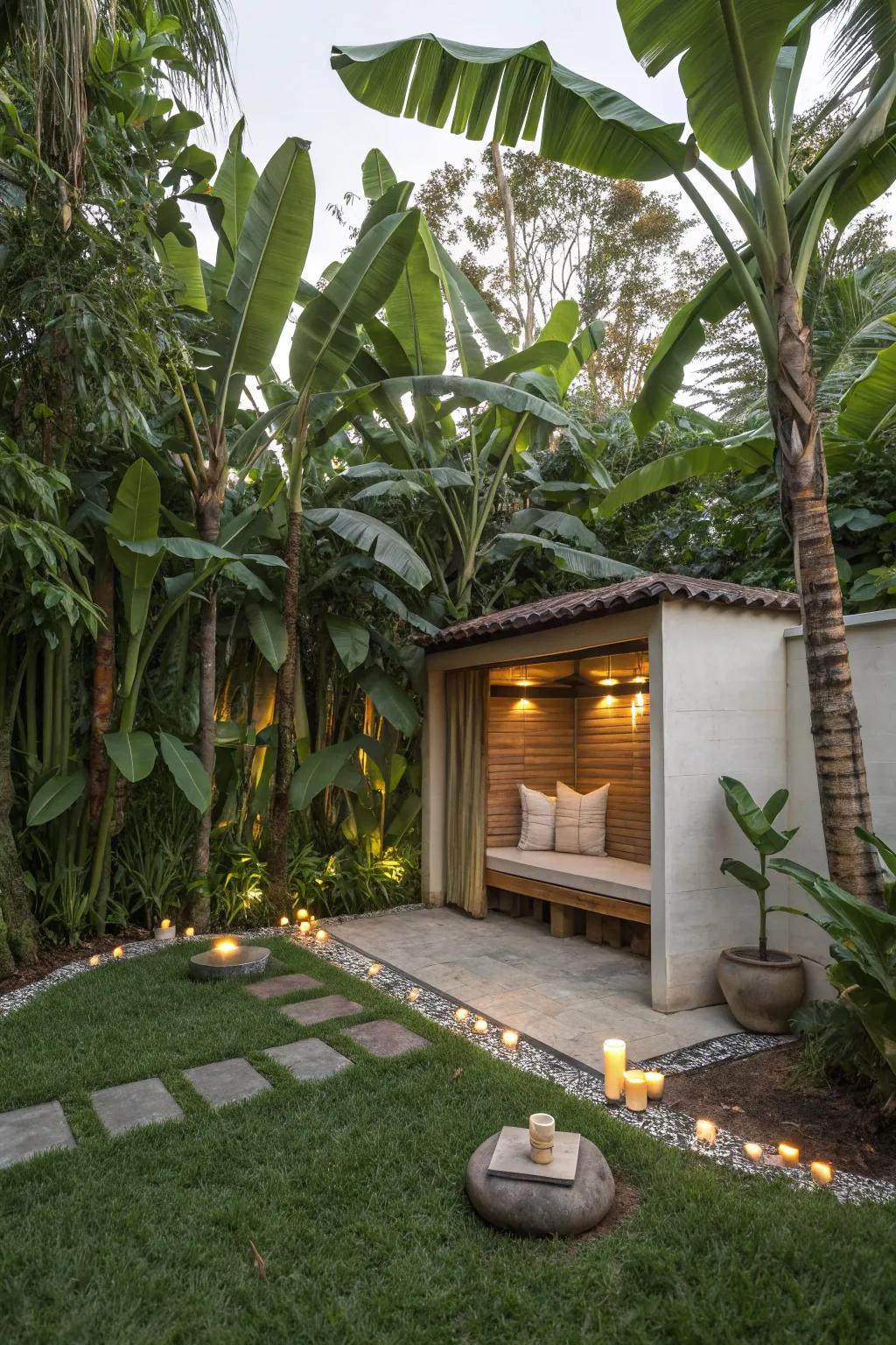 Find peace in a meditation nook surrounded by banana trees.