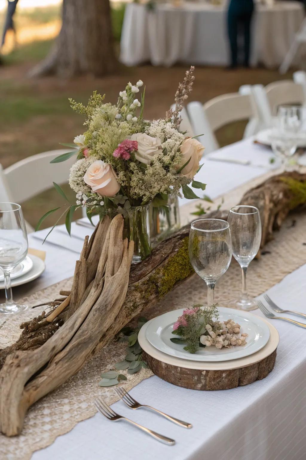 Artful driftwood creating a natural, sculptural centerpiece.