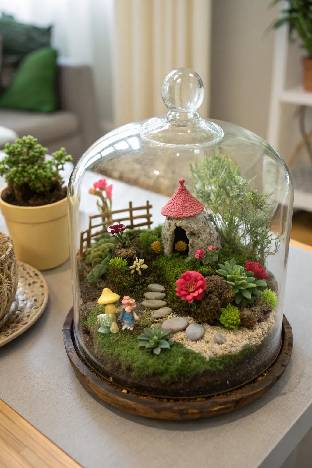 Mini terrarium gardens add a whimsical charm.