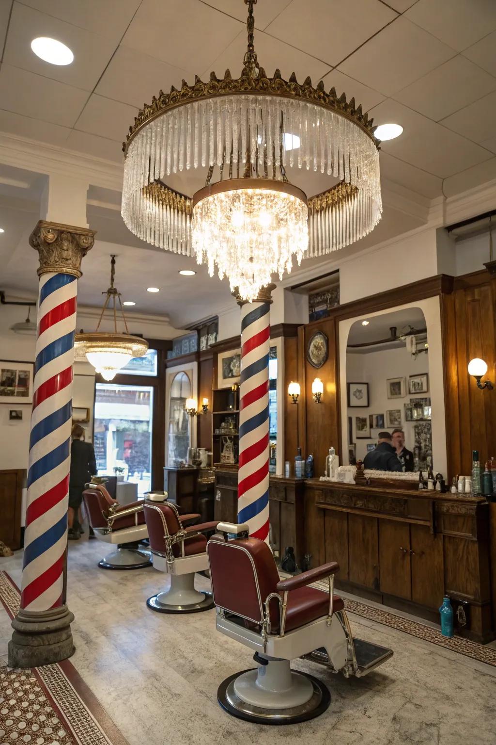 A striking chandelier serving as a bold centerpiece in a barbershop.