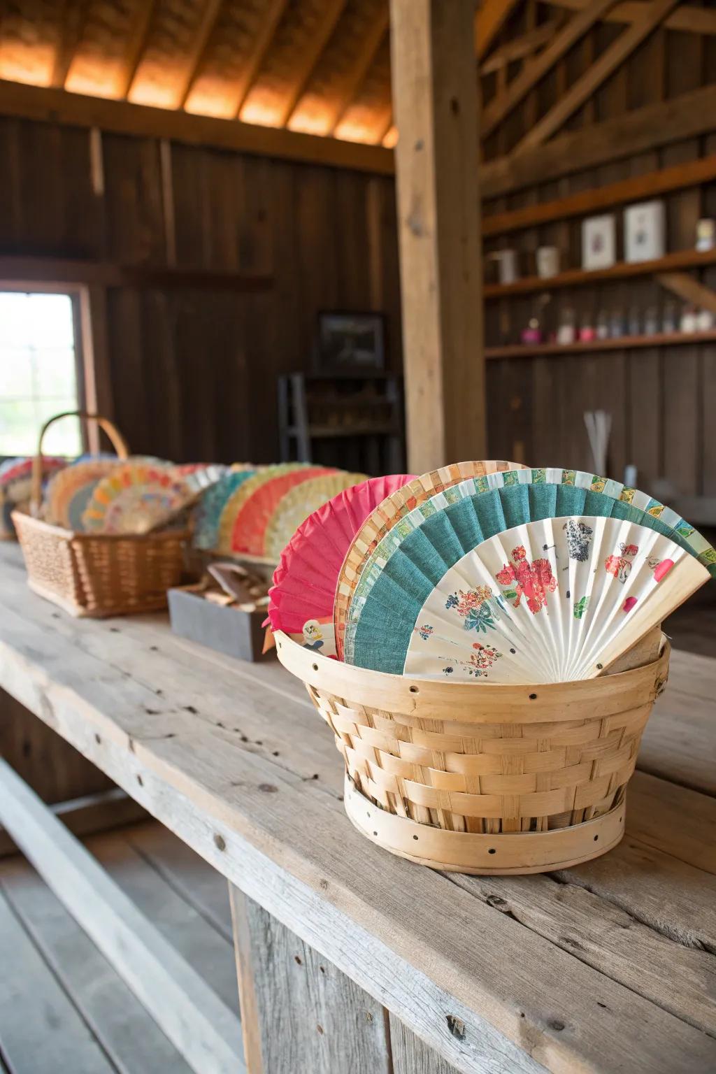 Stamped paper fans offer both functionality and charm.