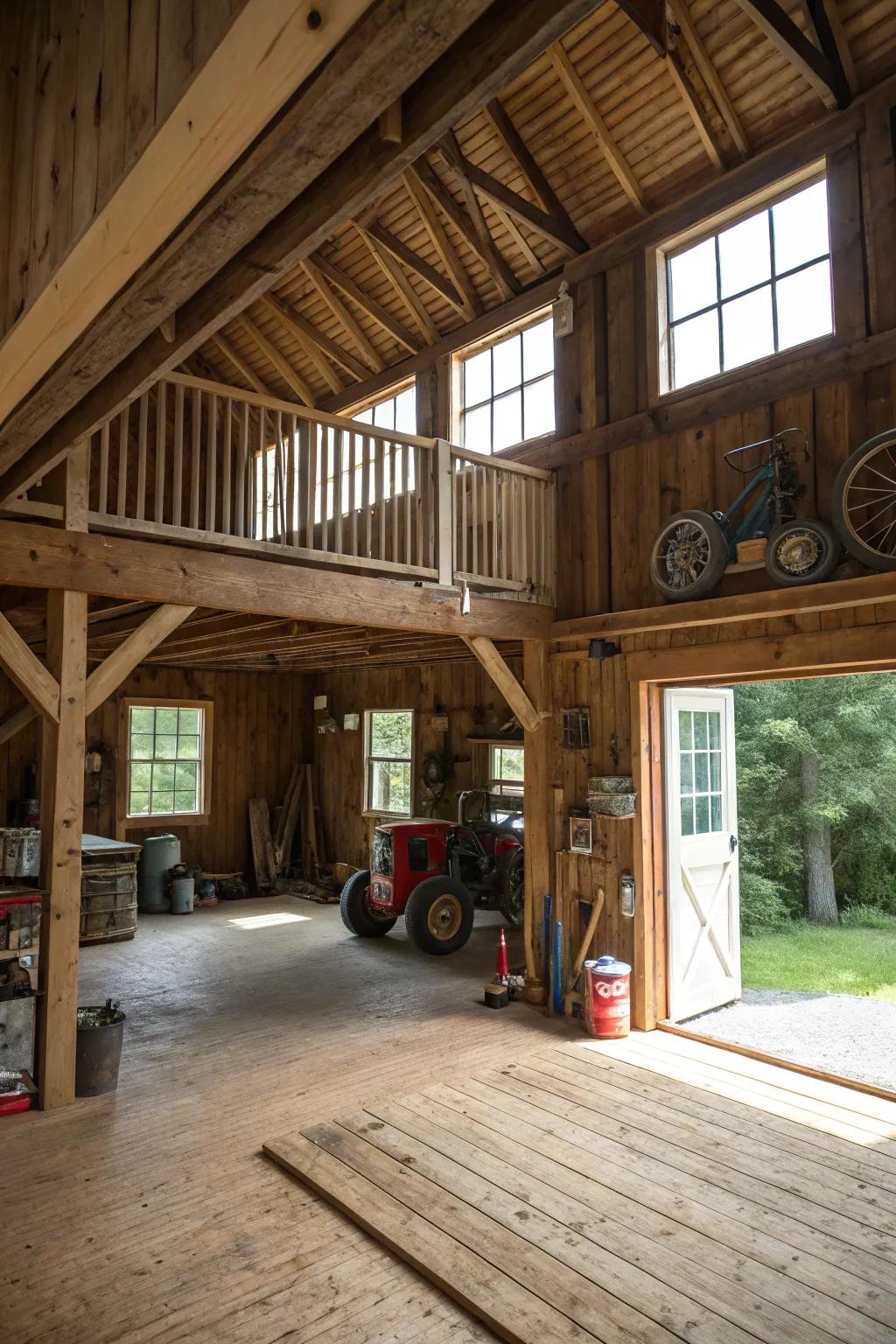 A loft maximizes space in this barn garage, offering storage or living options.