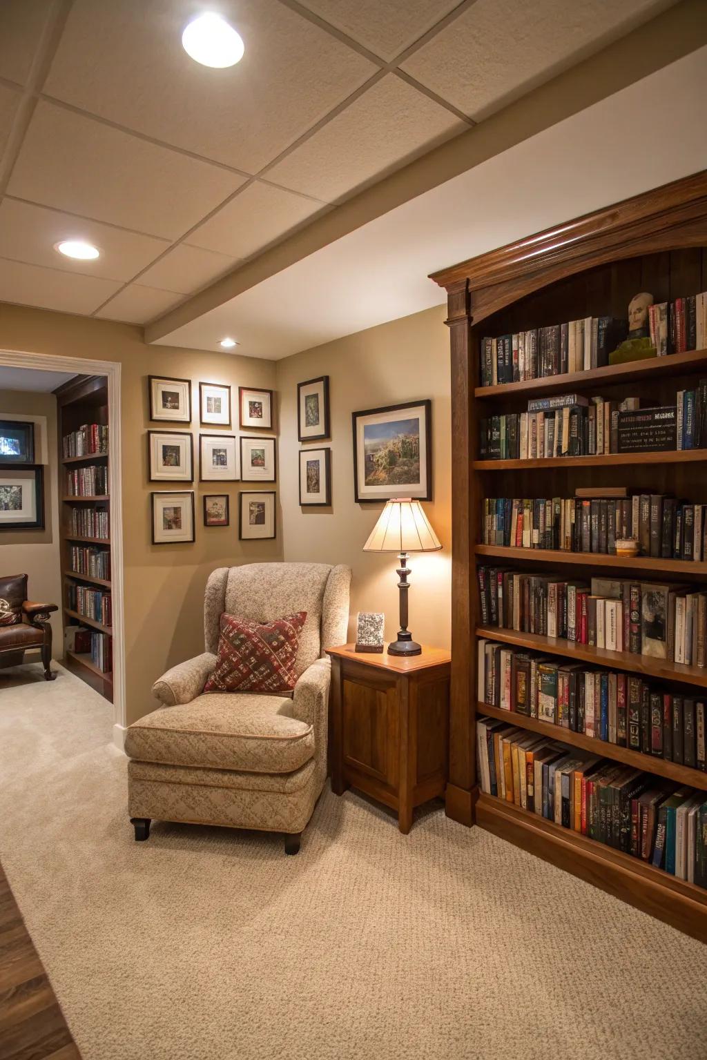 A reading nook offers a cozy escape in this inviting basement.