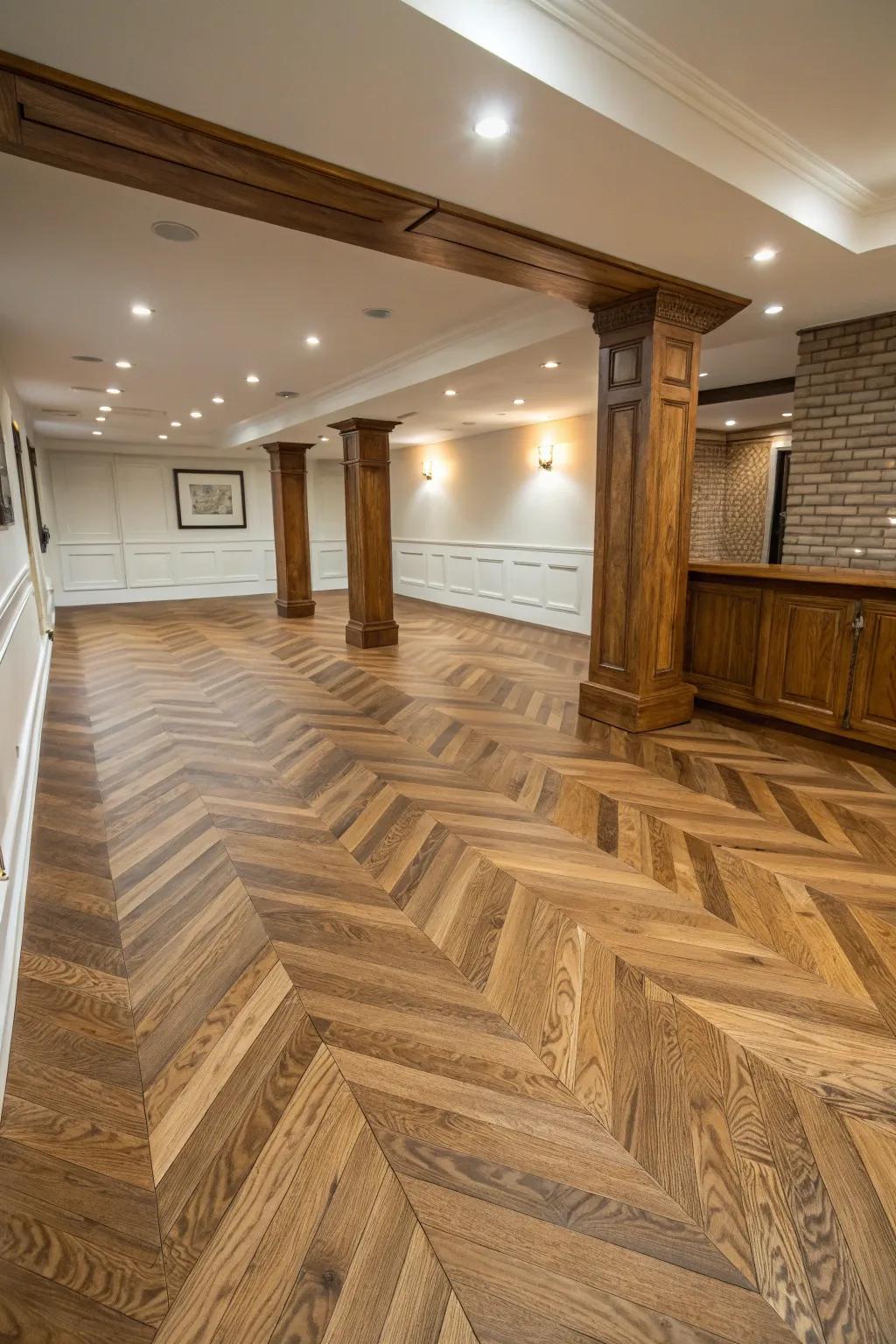 Chevron oak flooring adds dynamic elegance to your basement.