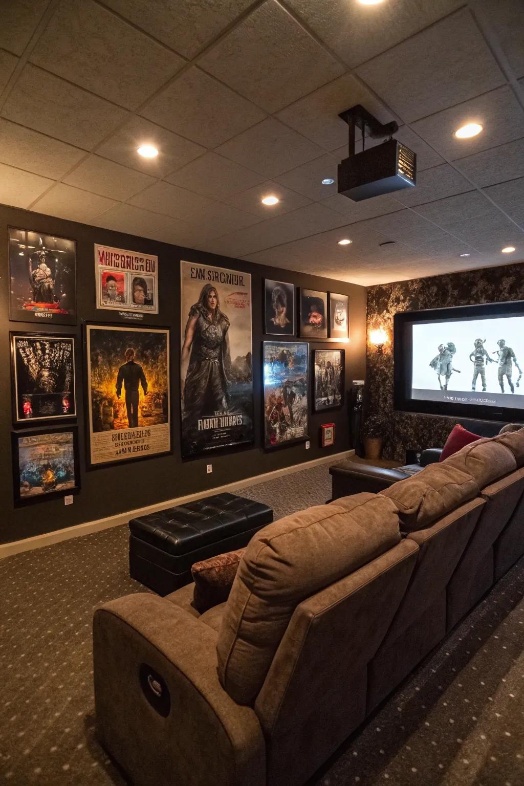 Personalized movie posters add character and a personal touch to the media room.