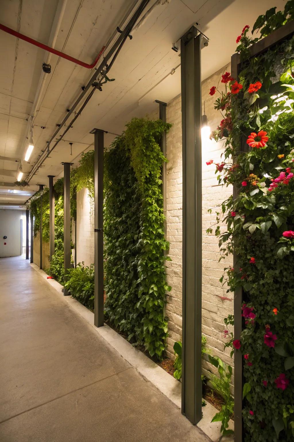 Vertical gardens bring a touch of nature to basement poles.