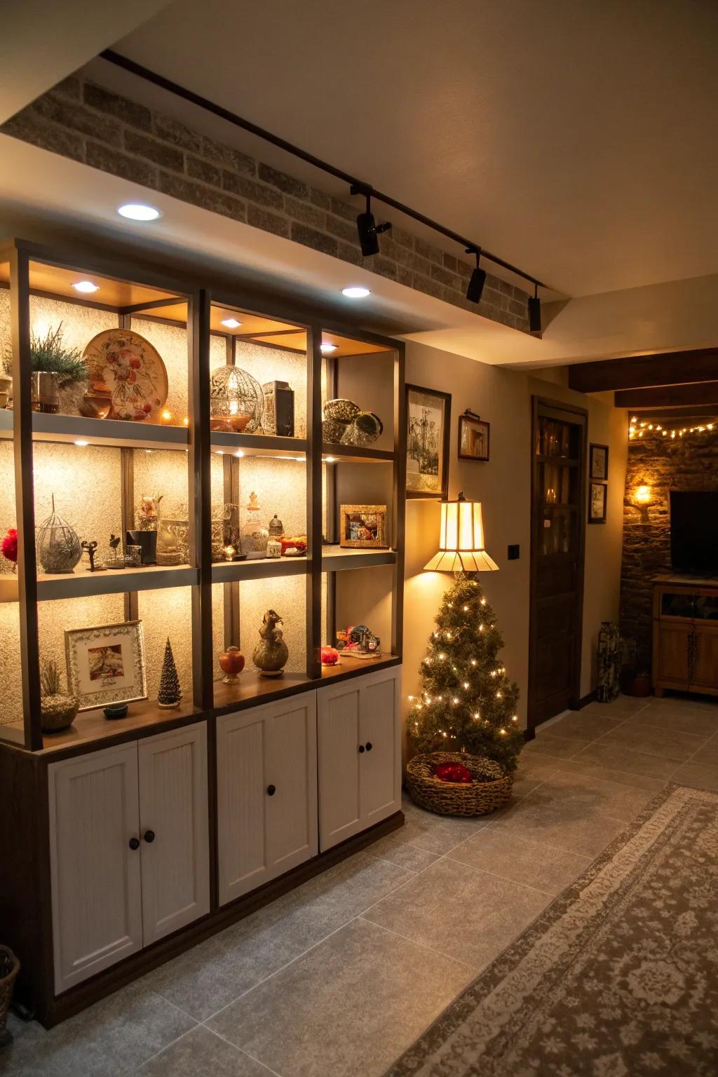Backlit shelving adds drama and warmth to your basement decor.