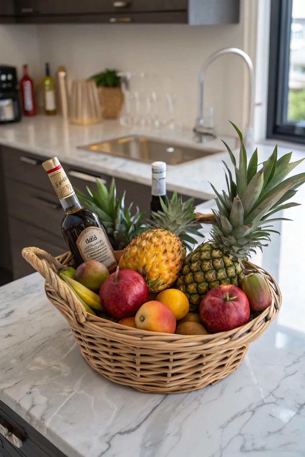 Exotic fruit garnishes add visual appeal and flavor to the basket.