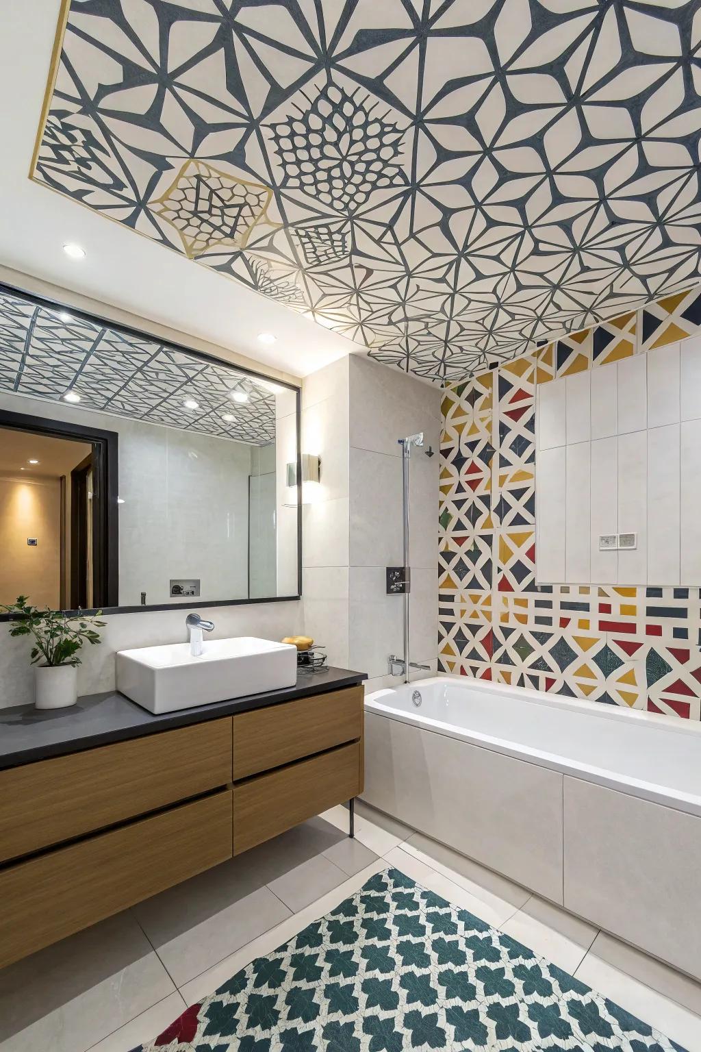 Geometric patterns create a dynamic and modern look on your bathroom ceiling.