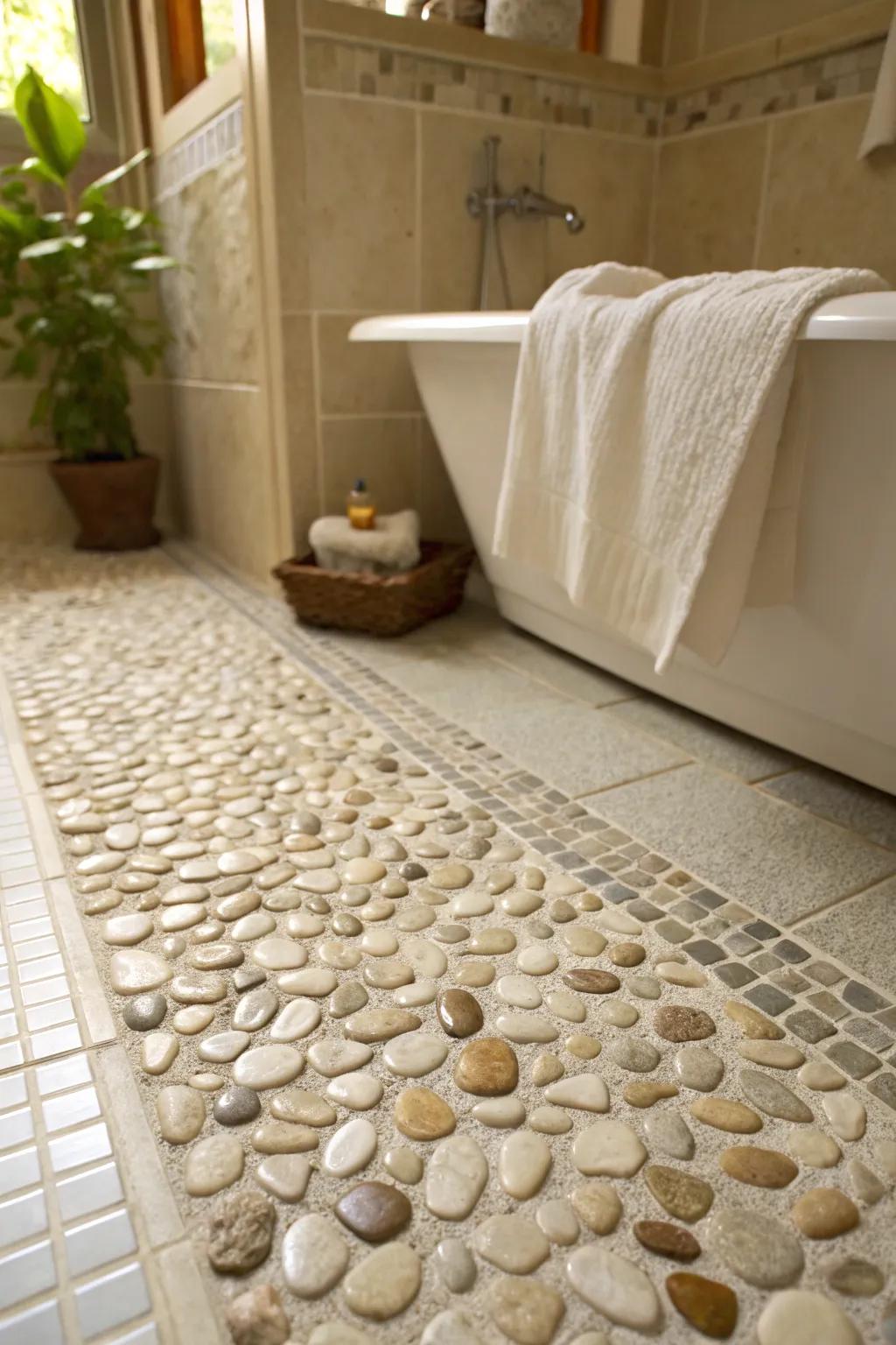 Pebble tiles introduce a calming, nature-inspired element to bathrooms.