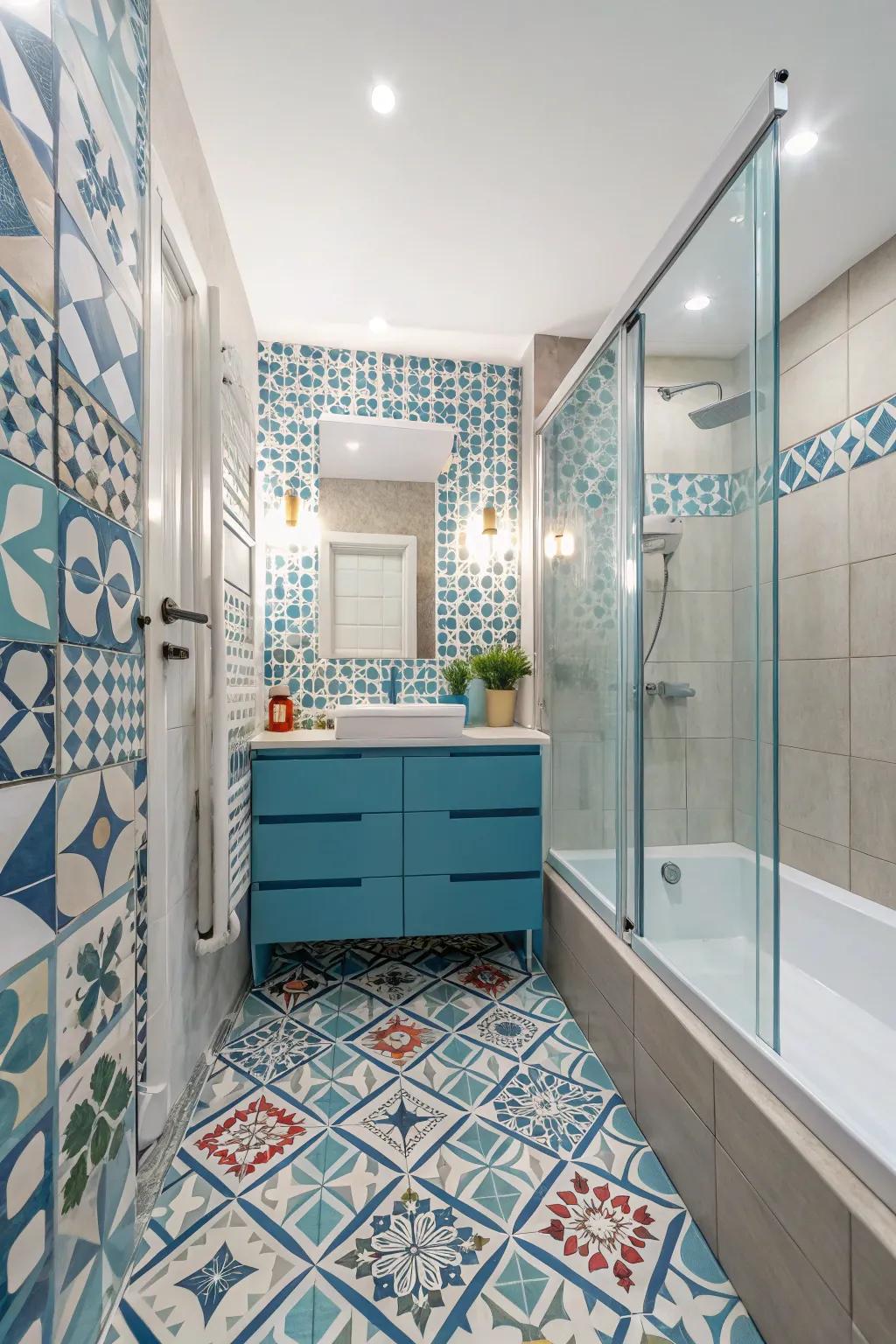 A bathroom featuring playful patterns for visual interest.