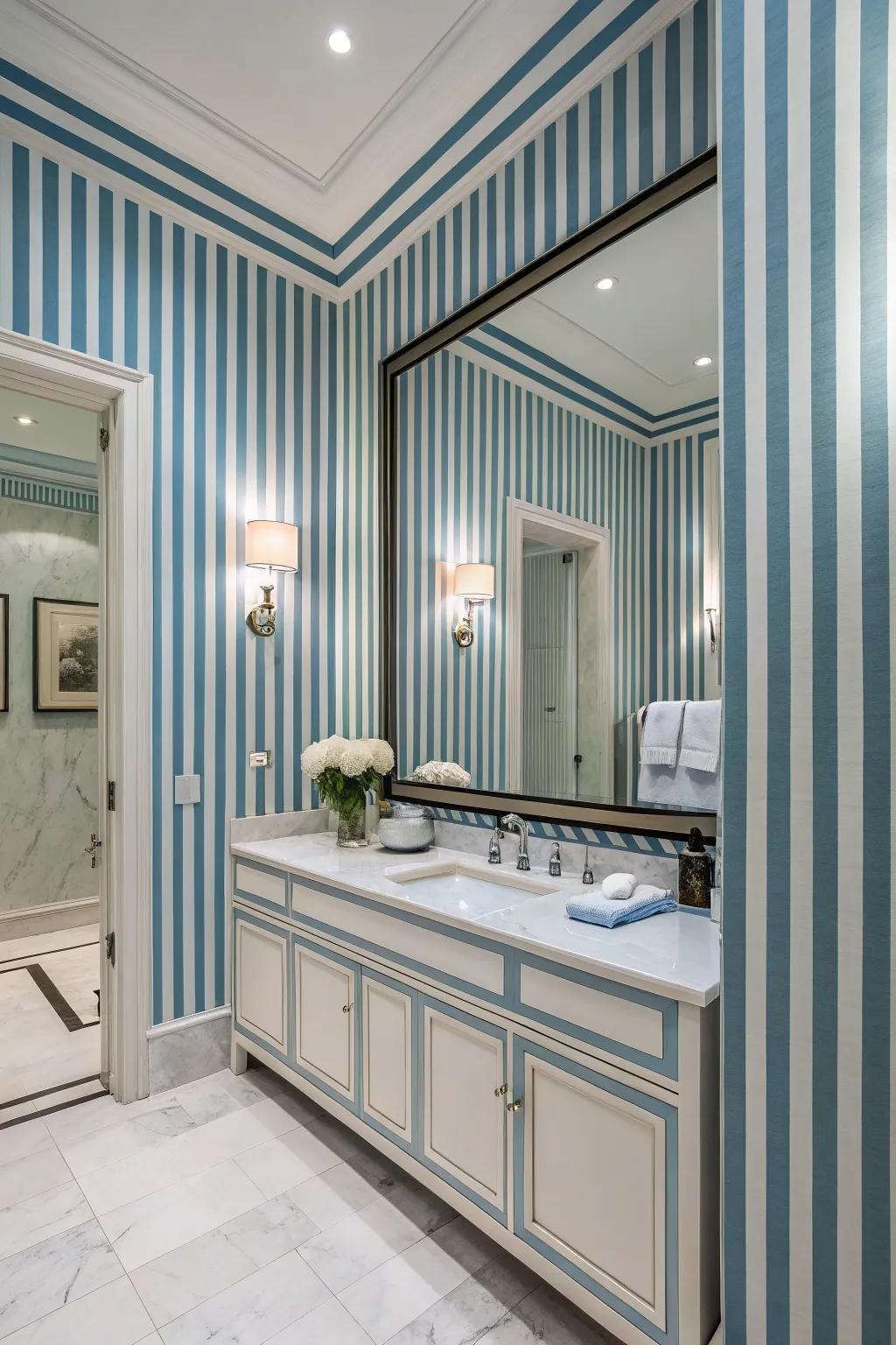 Vertical stripes add height and elegance to a small bathroom.