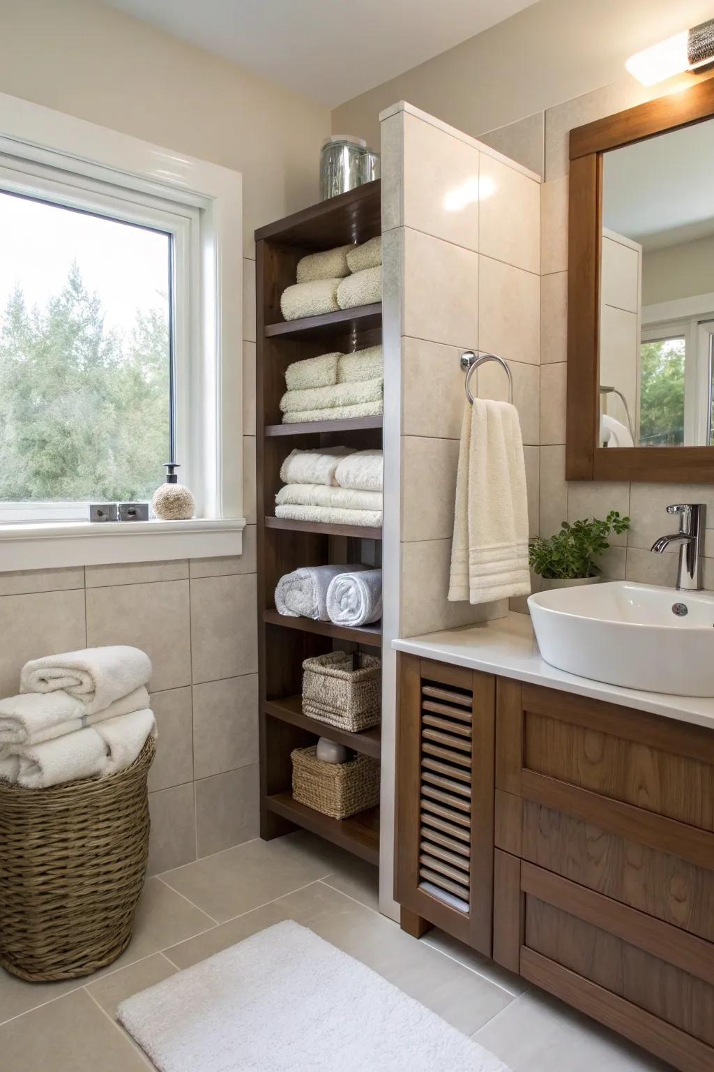 Optimize space with corner towel storage.