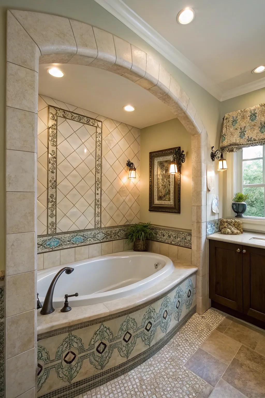 An artistic alcove creates an intimate bathing space.